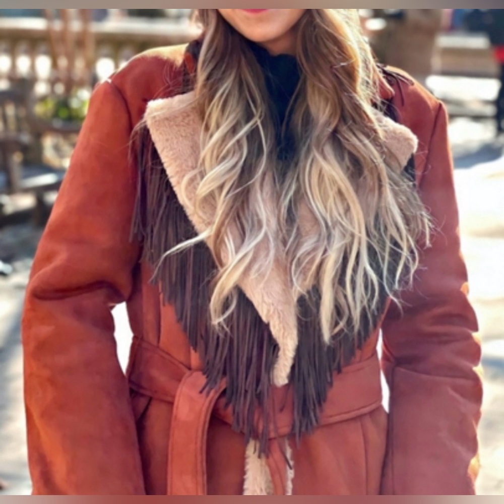 Anthropologie Brown and Cream Fringe Coat, MED - Picture 7 of 11